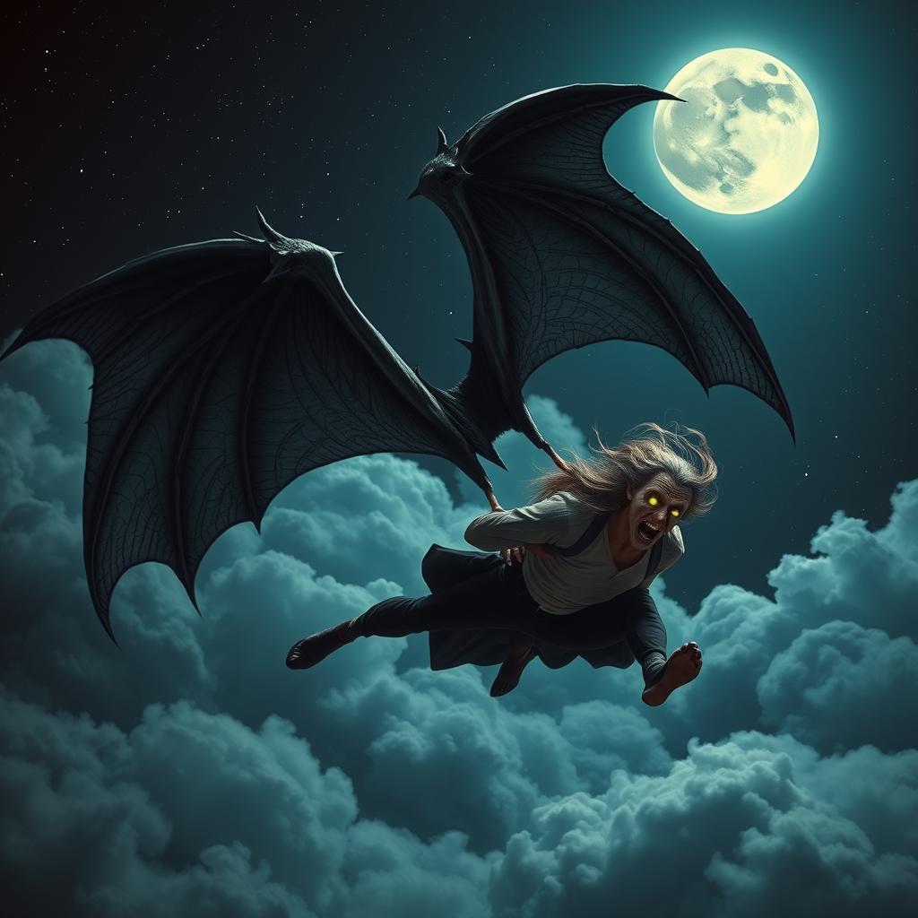 A dramatic scene depicting a man being carried by a Lovecraftian ghoul-like creature with large bat wings, soaring through a night sky illuminated by a full moon