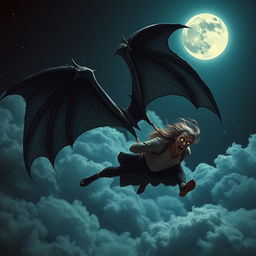 A dramatic scene depicting a man being carried by a Lovecraftian ghoul-like creature with large bat wings, soaring through a night sky illuminated by a full moon