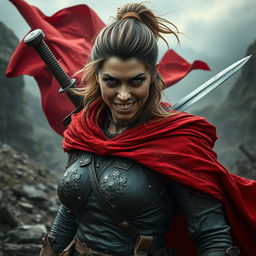 An ugly and rugged human woman warrior characterized by her dark blonde hair, fiercely tied back, and a flowing red cloak that billows behind her, adding to her imposing figure