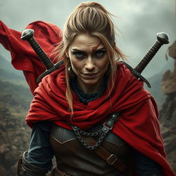An ugly and rugged human woman warrior characterized by her dark blonde hair, fiercely tied back, and a flowing red cloak that billows behind her, adding to her imposing figure