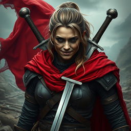 An ugly and rugged human woman warrior characterized by her dark blonde hair, fiercely tied back, and a flowing red cloak that billows behind her, adding to her imposing figure