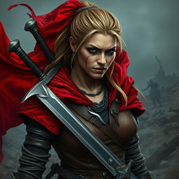 An ugly and rugged human woman warrior characterized by her dark blonde hair, fiercely tied back, and a flowing red cloak that billows behind her, adding to her imposing figure