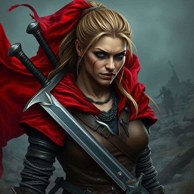 An ugly and rugged human woman warrior characterized by her dark blonde hair, fiercely tied back, and a flowing red cloak that billows behind her, adding to her imposing figure