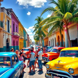 A vibrant street scene in Havana, Cuba, showcasing colorful colonial buildings with peeling paint, classic vintage cars in bright colors, such as red, blue, and yellow, parked alongside the road