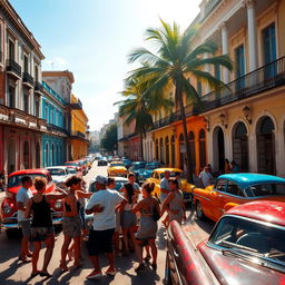 A vibrant street scene in Havana, Cuba, showcasing colorful colonial buildings with peeling paint, classic vintage cars in bright colors, such as red, blue, and yellow, parked alongside the road