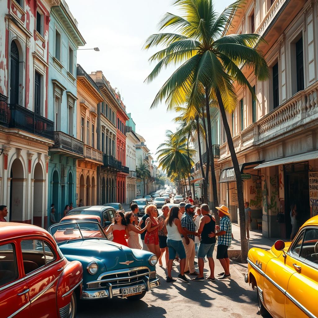 A vibrant street scene in Havana, Cuba, showcasing colorful colonial buildings with peeling paint, classic vintage cars in bright colors, such as red, blue, and yellow, parked alongside the road