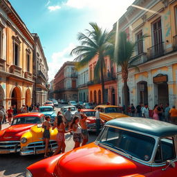 A vibrant street scene in Havana, Cuba, showcasing colorful colonial buildings with peeling paint, classic vintage cars in bright colors, such as red, blue, and yellow, parked alongside the road