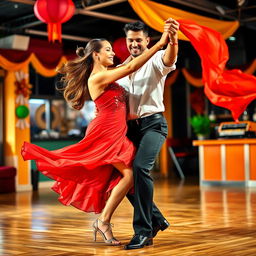 A vibrant scene of two skilled dancers performing a passionate Latin dance