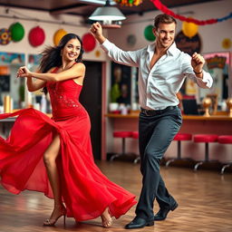 A vibrant scene of two skilled dancers performing a passionate Latin dance