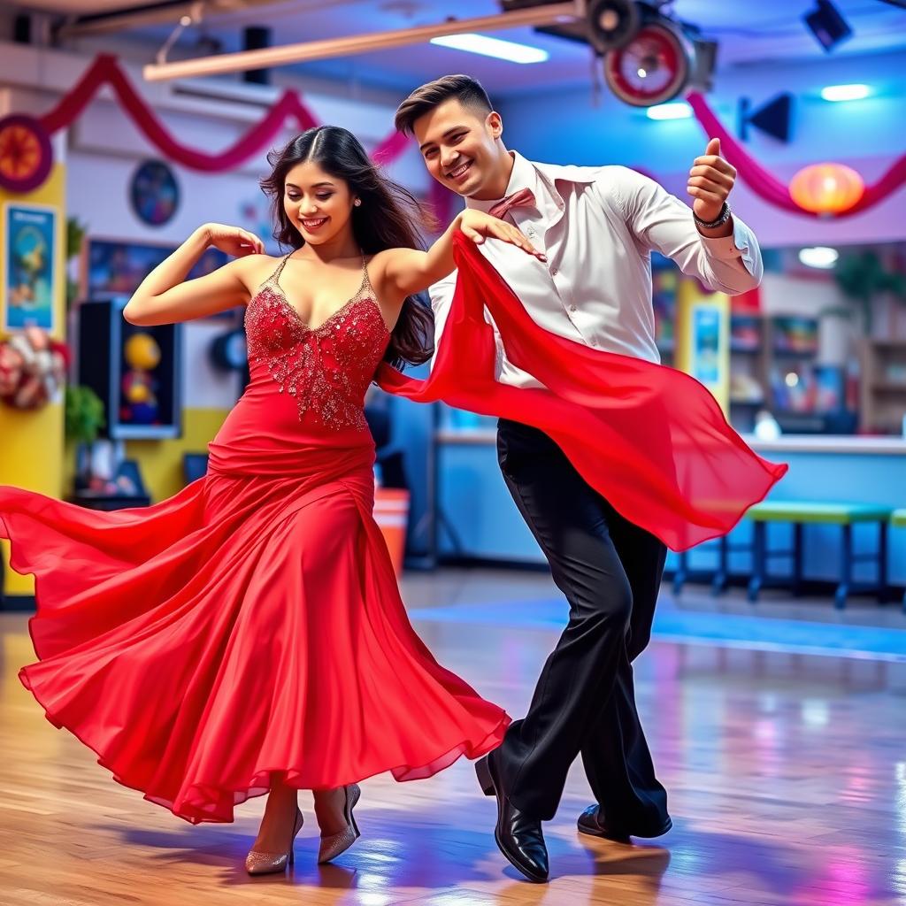 A vibrant scene of two skilled dancers performing a passionate Latin dance