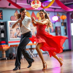 A vibrant scene of two skilled dancers performing a passionate Latin dance