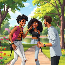An animated scene displaying a beautiful hip and artsy medium brown black woman with curly hair, interacting playfully with a handsome white man at a park