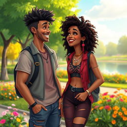 An animated scene displaying a beautiful hip and artsy medium brown black woman with curly hair, interacting playfully with a handsome white man at a park