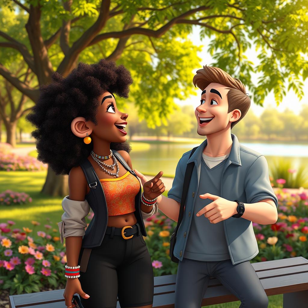 An animated scene displaying a beautiful hip and artsy medium brown black woman with curly hair, interacting playfully with a handsome white man at a park