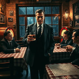 A dramatic scene featuring a mafia boss in a dimly lit Italian restaurant, surrounded by his loyal henchmen