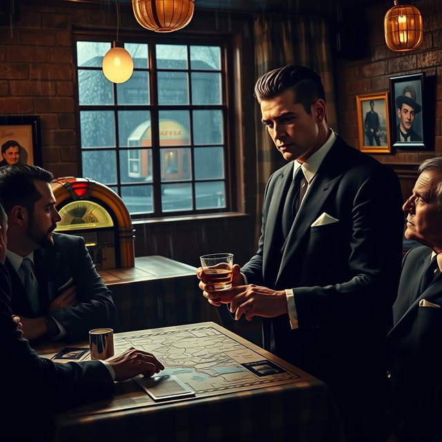 A dramatic scene featuring a mafia boss in a dimly lit Italian restaurant, surrounded by his loyal henchmen