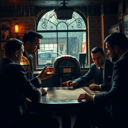 A dramatic scene featuring a mafia boss in a dimly lit Italian restaurant, surrounded by his loyal henchmen