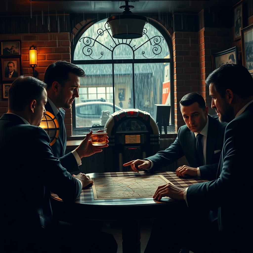 A dramatic scene featuring a mafia boss in a dimly lit Italian restaurant, surrounded by his loyal henchmen