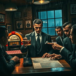A dramatic scene featuring a mafia boss in a dimly lit Italian restaurant, surrounded by his loyal henchmen