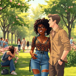 An animated scene depicting a beautiful hipster medium brown black woman with curly hair, enjoying a delightful moment with a handsome white man at a lush park