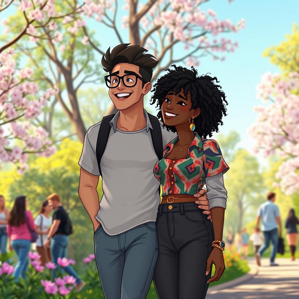 An animated scene depicting a beautiful hipster medium brown black woman with curly hair, enjoying a delightful moment with a handsome white man at a lush park