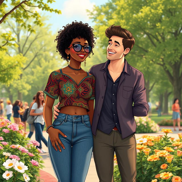 An animated scene depicting a beautiful hipster medium brown black woman with curly hair, enjoying a delightful moment with a handsome white man at a lush park