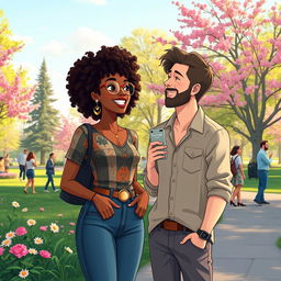 An animated scene depicting a beautiful hipster medium brown black woman with curly hair, enjoying a delightful moment with a handsome white man at a lush park