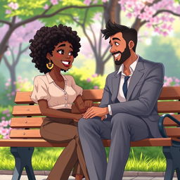 An animated scene showcasing a beautiful hipster medium brown black woman with curly hair, sitting on a park bench next to a handsome white man in a tailored suit