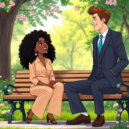 An animated scene showcasing a beautiful hipster medium brown black woman with curly hair, sitting on a park bench next to a handsome white man in a tailored suit