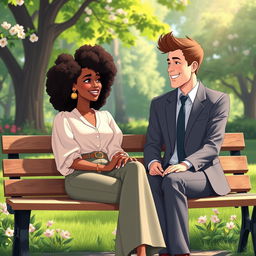 An animated scene showcasing a beautiful hipster medium brown black woman with curly hair, sitting on a park bench next to a handsome white man in a tailored suit