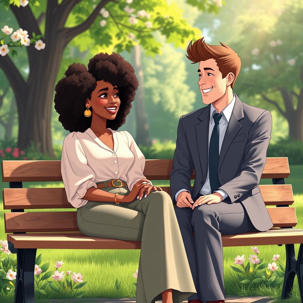 An animated scene showcasing a beautiful hipster medium brown black woman with curly hair, sitting on a park bench next to a handsome white man in a tailored suit