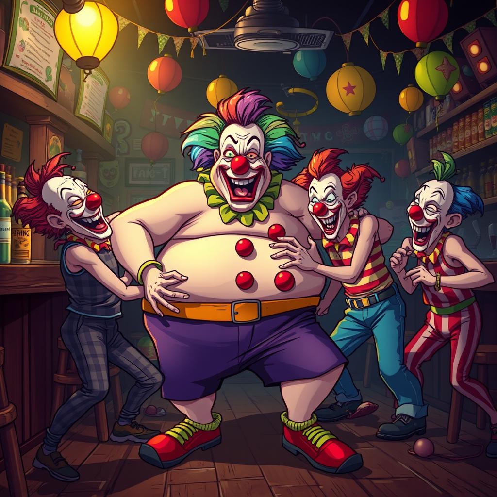 A chaotic scene in a dimly-lit bar where a fat evil clown in short pants, with exaggerated facial features and wild colored hair, is energetically beating up three skinny clowns