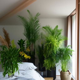 Variety of verdant houseplants arranged tastefully in a cozy and stylish bedroom