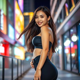 A sexy Korean woman with an attractive body, wearing stylish, form-fitting clothing that accentuates her curves