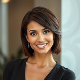 A very beautiful woman with short brunette hair, radiating confidence and elegance
