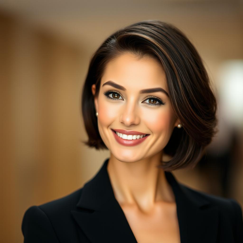 A very beautiful woman with short brunette hair, radiating confidence and elegance
