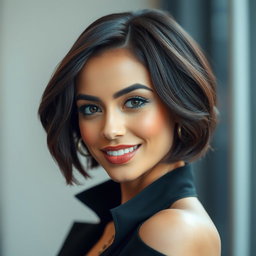A very beautiful woman with short brunette hair, radiating confidence and elegance