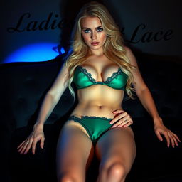 A stunning blonde model, 25 years old, with striking blue eyes and long, flowing wavy blonde hair, featuring a perfect body