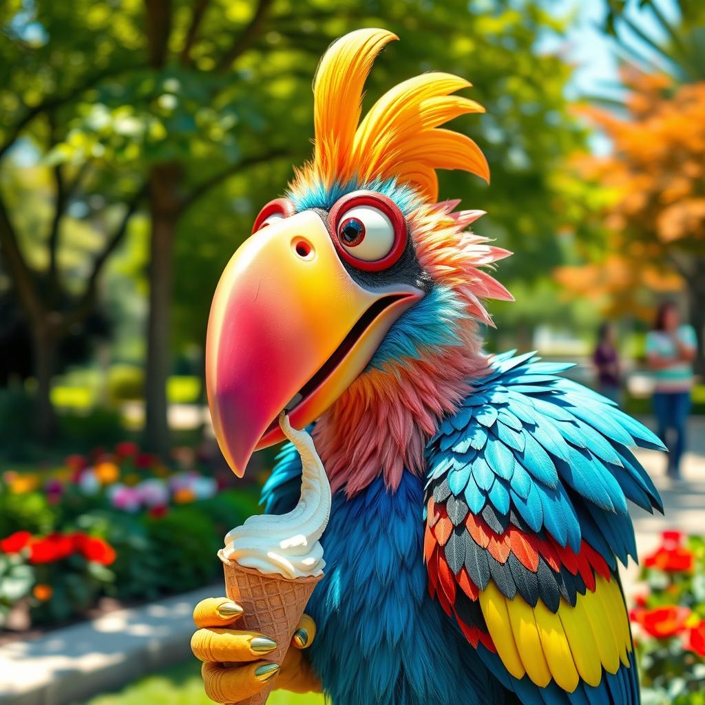 A whimsical creature that is a mix between a bird and a human, featuring an exaggerated huge beak and oversized eyes