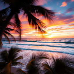 A dynamic scene featuring a vibrant sunset over a serene beach, with colorful waves crashing against the shore, and silhouettes of palm trees in the foreground swaying gently in a warm breeze
