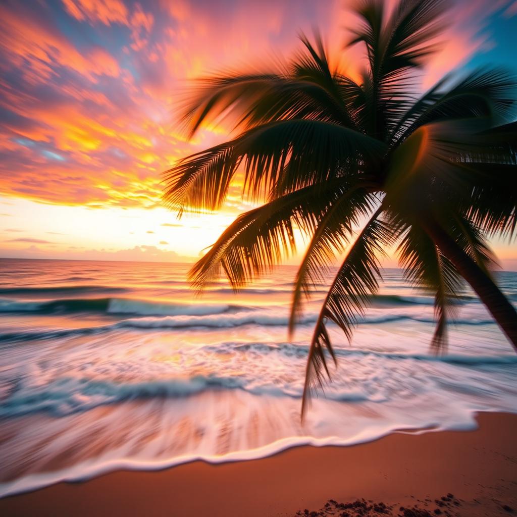 A dynamic scene featuring a vibrant sunset over a serene beach, with colorful waves crashing against the shore, and silhouettes of palm trees in the foreground swaying gently in a warm breeze