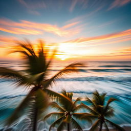 A dynamic scene featuring a vibrant sunset over a serene beach, with colorful waves crashing against the shore, and silhouettes of palm trees in the foreground swaying gently in a warm breeze
