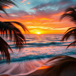 A dynamic scene featuring a vibrant sunset over a serene beach, with colorful waves crashing against the shore, and silhouettes of palm trees in the foreground swaying gently in a warm breeze