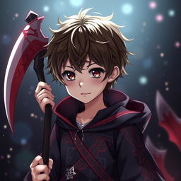 A 10-year-old anime boy designed to look like a 16-year-old, dressed in a death reaper outfit with intricate red stripes