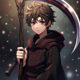 A 10-year-old anime boy designed to look like a 16-year-old, dressed in a death reaper outfit with intricate red stripes
