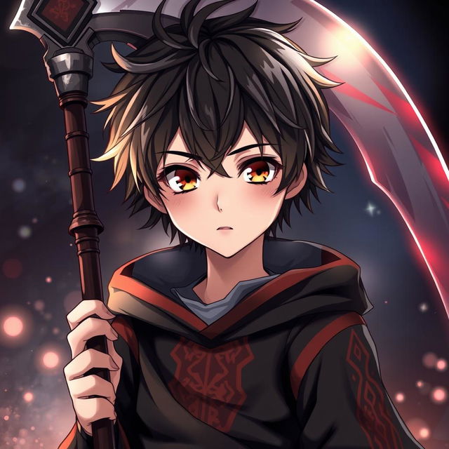 A 10-year-old anime boy designed to look like a 16-year-old, dressed in a death reaper outfit with intricate red stripes