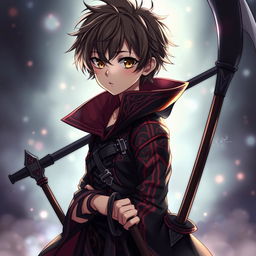 A 10-year-old anime boy designed to look like a 16-year-old, dressed in a death reaper outfit with intricate red stripes