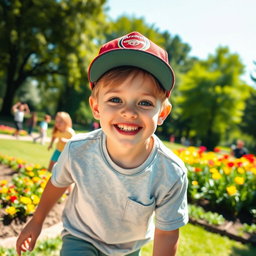 A young boy happily playing in a park, wearing an Arsenal cap, with a big smile on his face