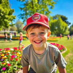 A young boy happily playing in a park, wearing an Arsenal cap, with a big smile on his face