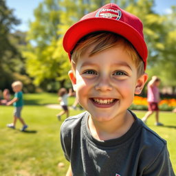 A young boy happily playing in a park, wearing an Arsenal cap, with a big smile on his face